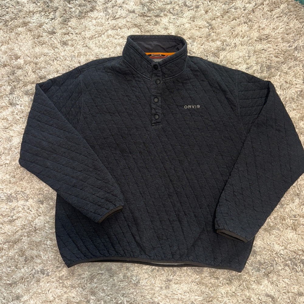 Orvis Mens XL Quilted Snap Neck Pullover Charcoal Gray Heather Sweatshirt